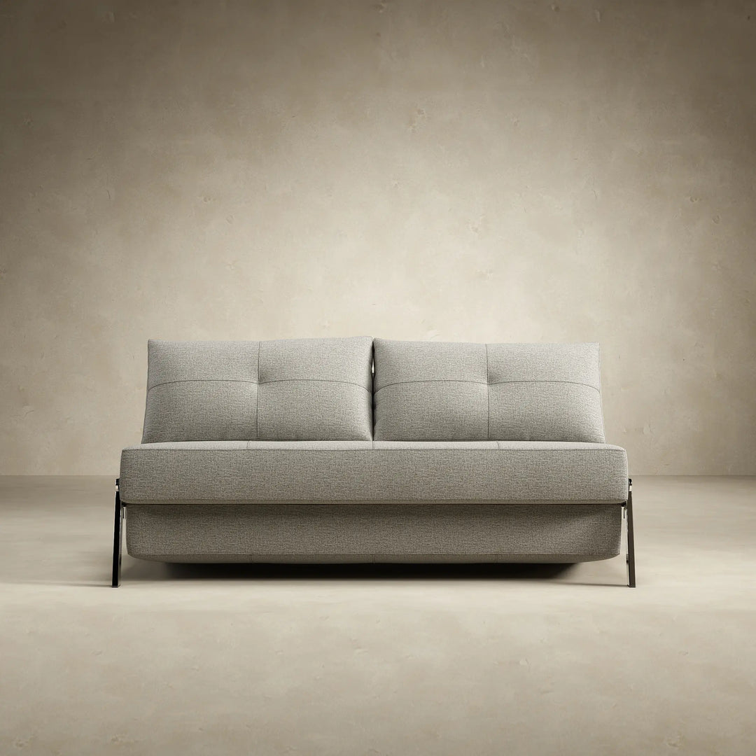 armless loveseat sofa bed in grey tweed fabric with chrome legs