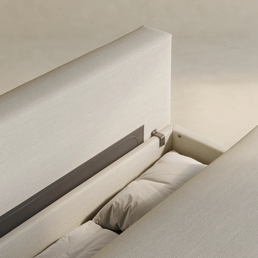 Armless Nest sofa bed close up view of the storage space in the base