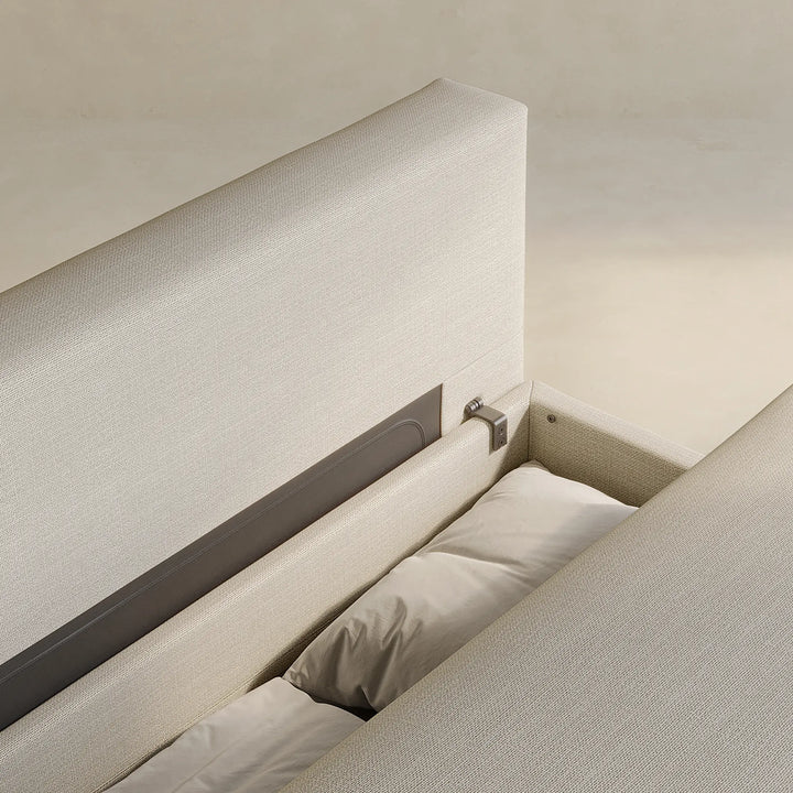 Armless Nest sofa bed close up view of the storage space in the base