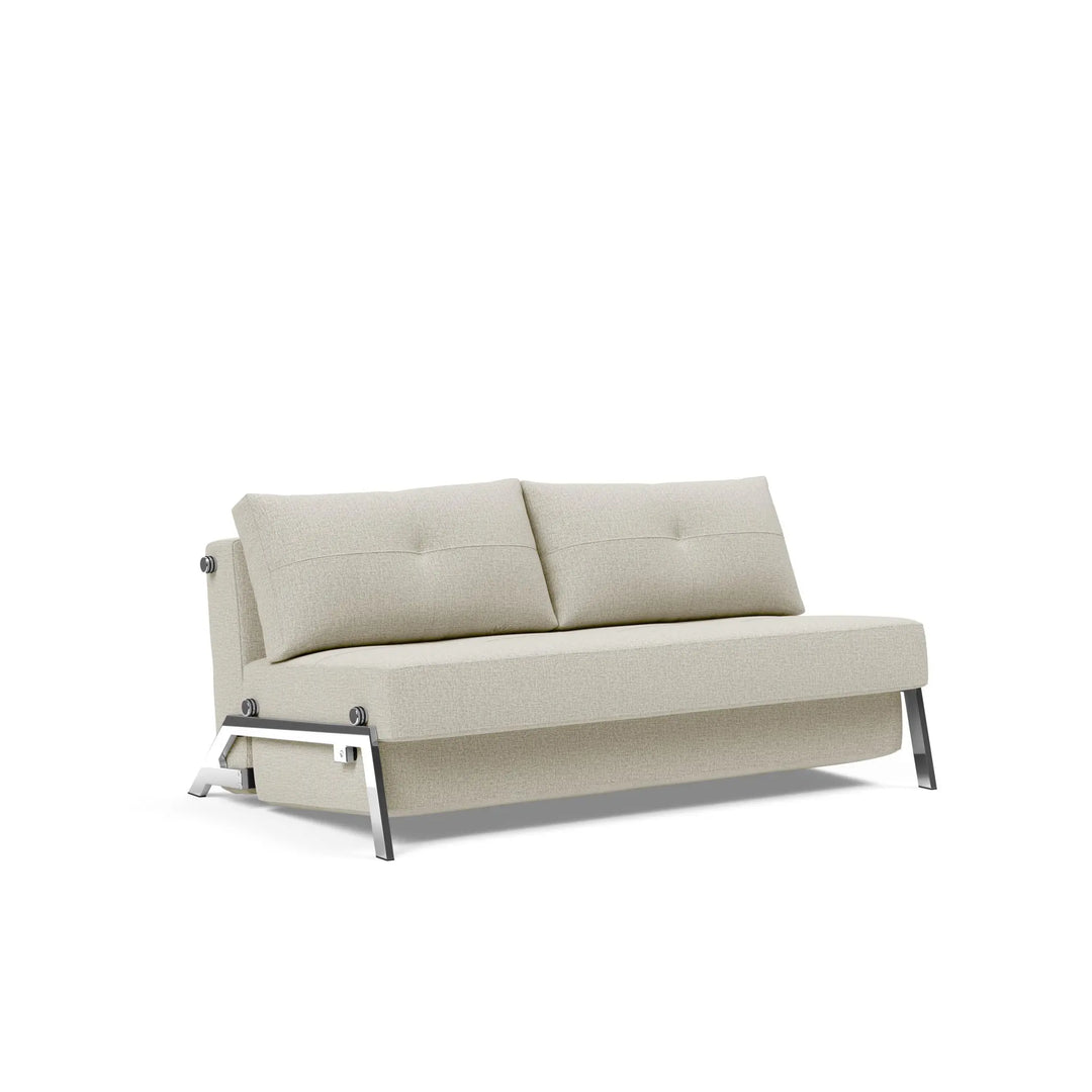 2 seater loveseat sofa bed in natural tweed, armless with chrome legs