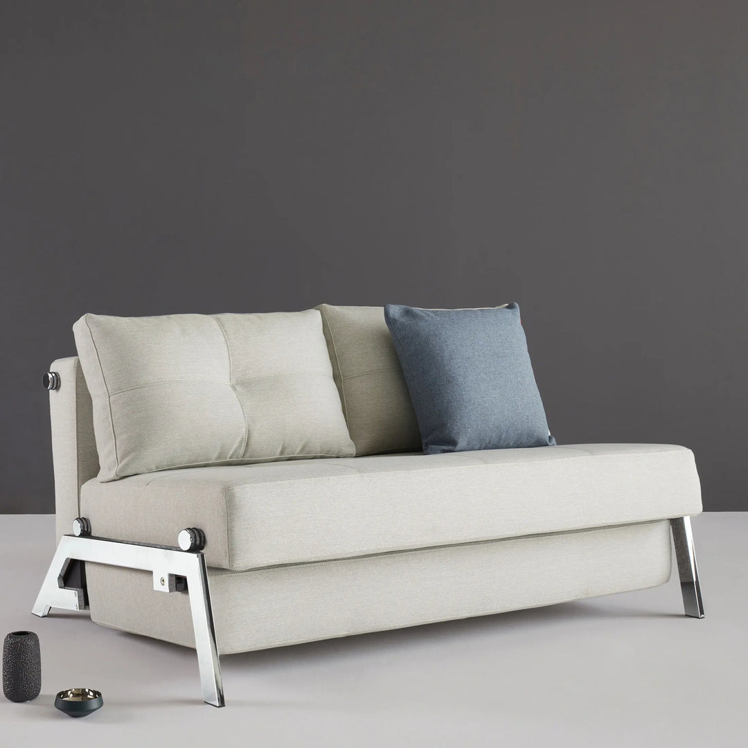 Armless loveseat sofa bed in natural tweed fabric with chrome legs