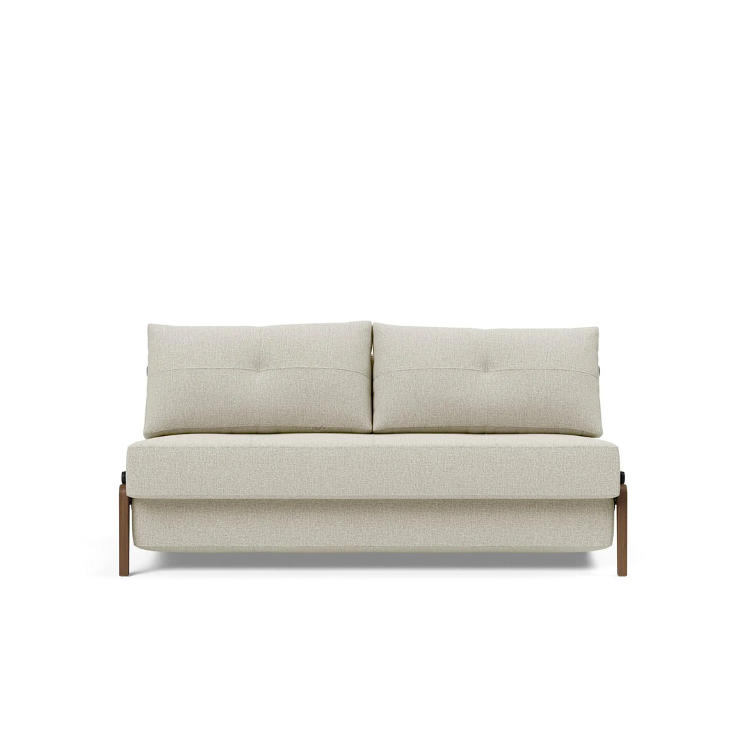 Natural tweed fabric loveseat size sofa bed. Stretch sofa bed with wood legs